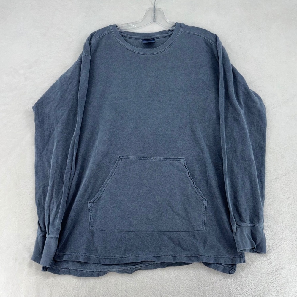 Comfort Colors Long Sleeve T-Shirt Blue Garment Dyed Kangaroo Pocket Mens Medium